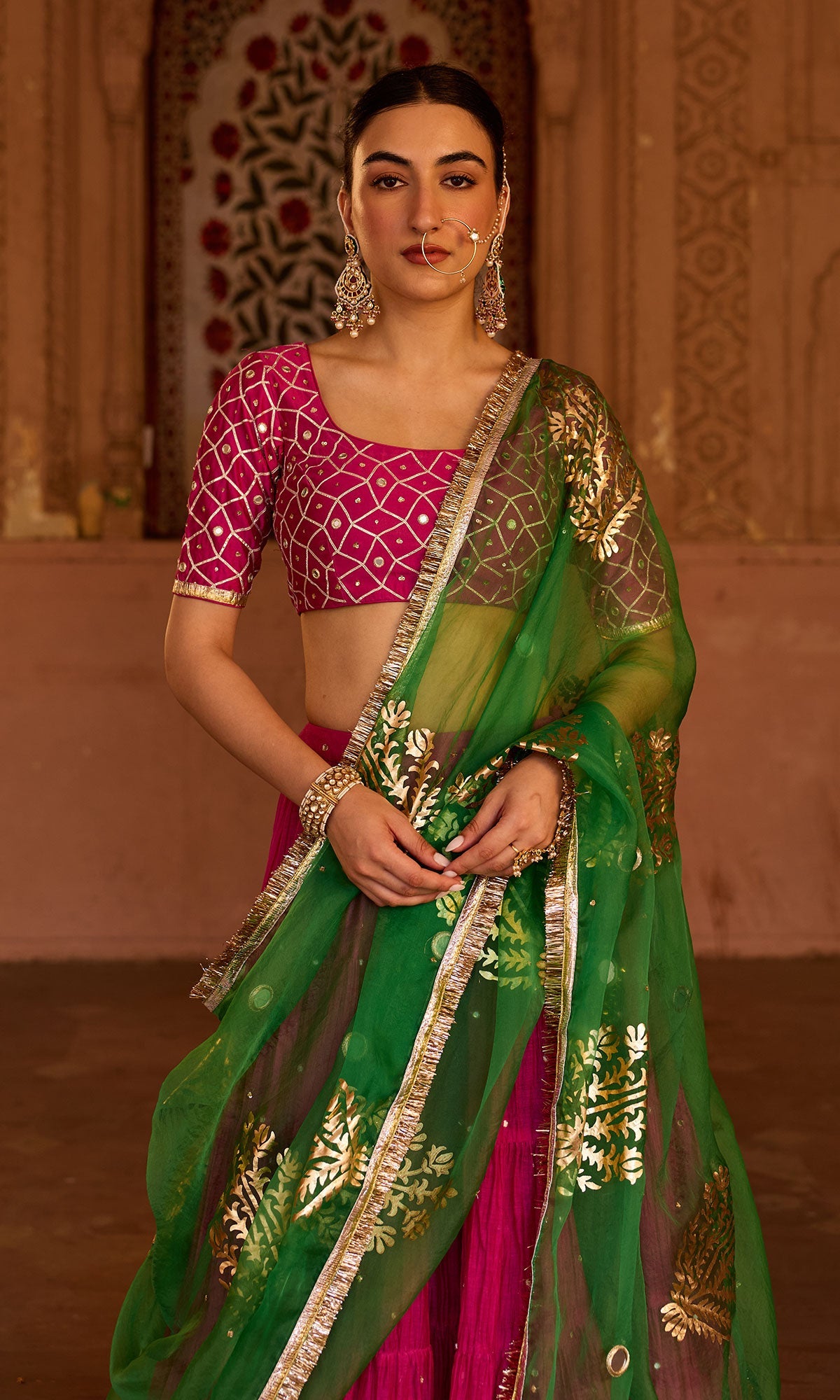 Phillauri 2 rani pink teared lehenga with gota work blouse and foil  print dupatta (set of 3) - Ready to ship