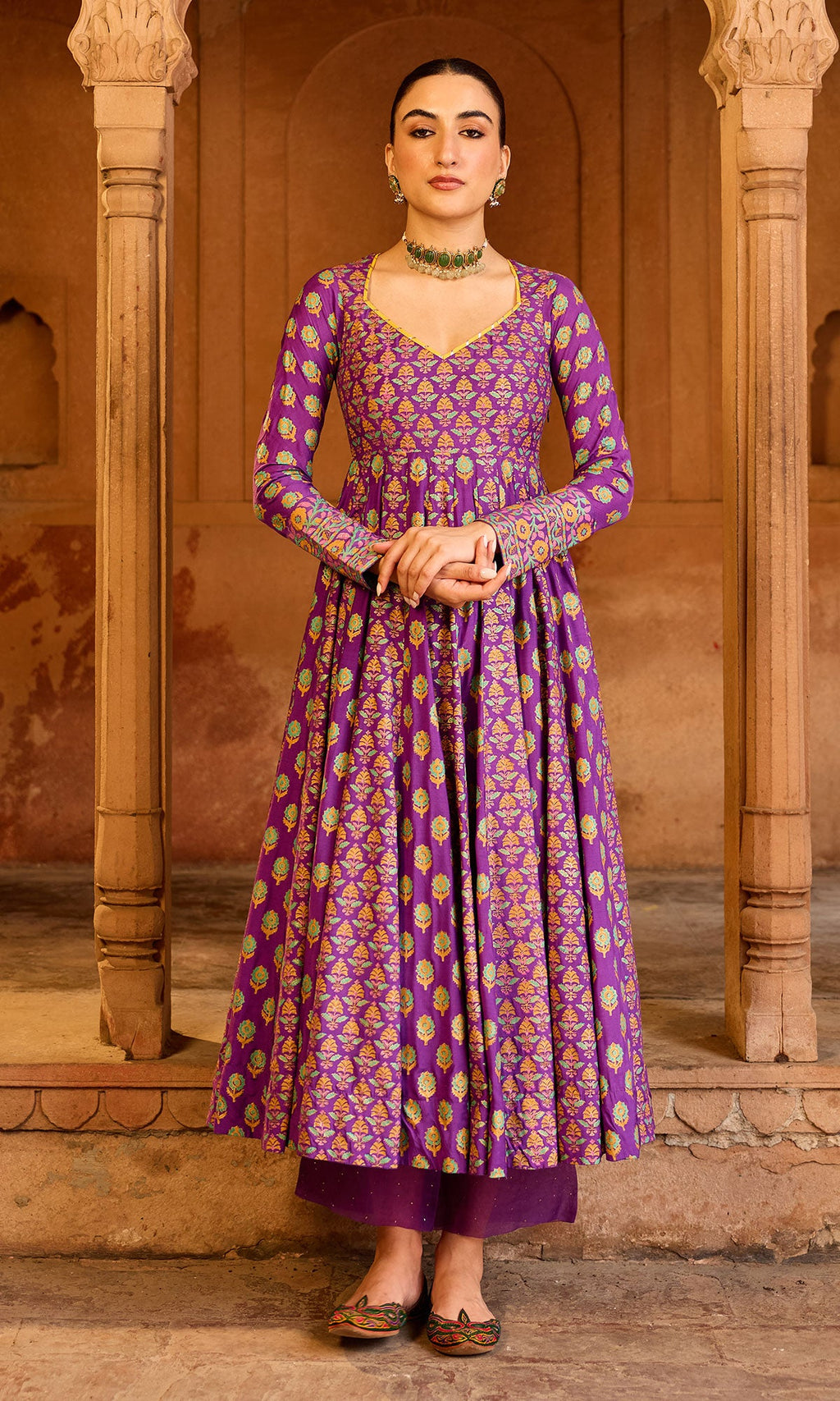 Boond 3.0 purple block printed anarkali with palazzo and dupatta (Set of 3) - Ready to ship