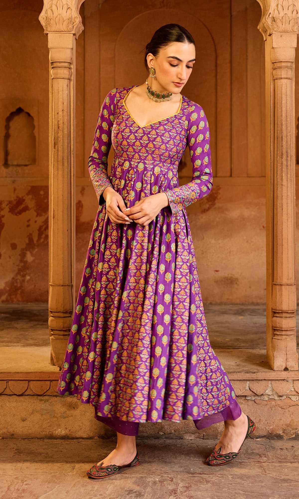 Boond 3.0 purple block printed anarkali with palazzo and dupatta (Set of 3) - Ready to ship