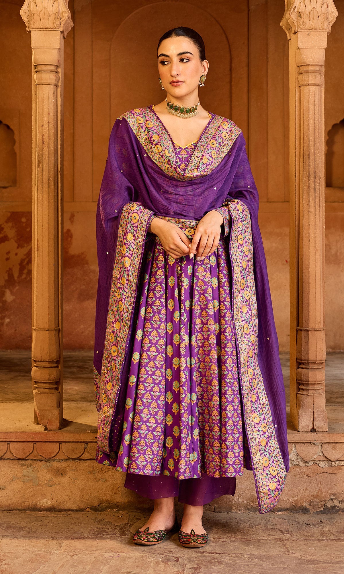 Boond 3.0 purple block printed anarkali with palazzo and dupatta (Set of 3) - Ready to ship