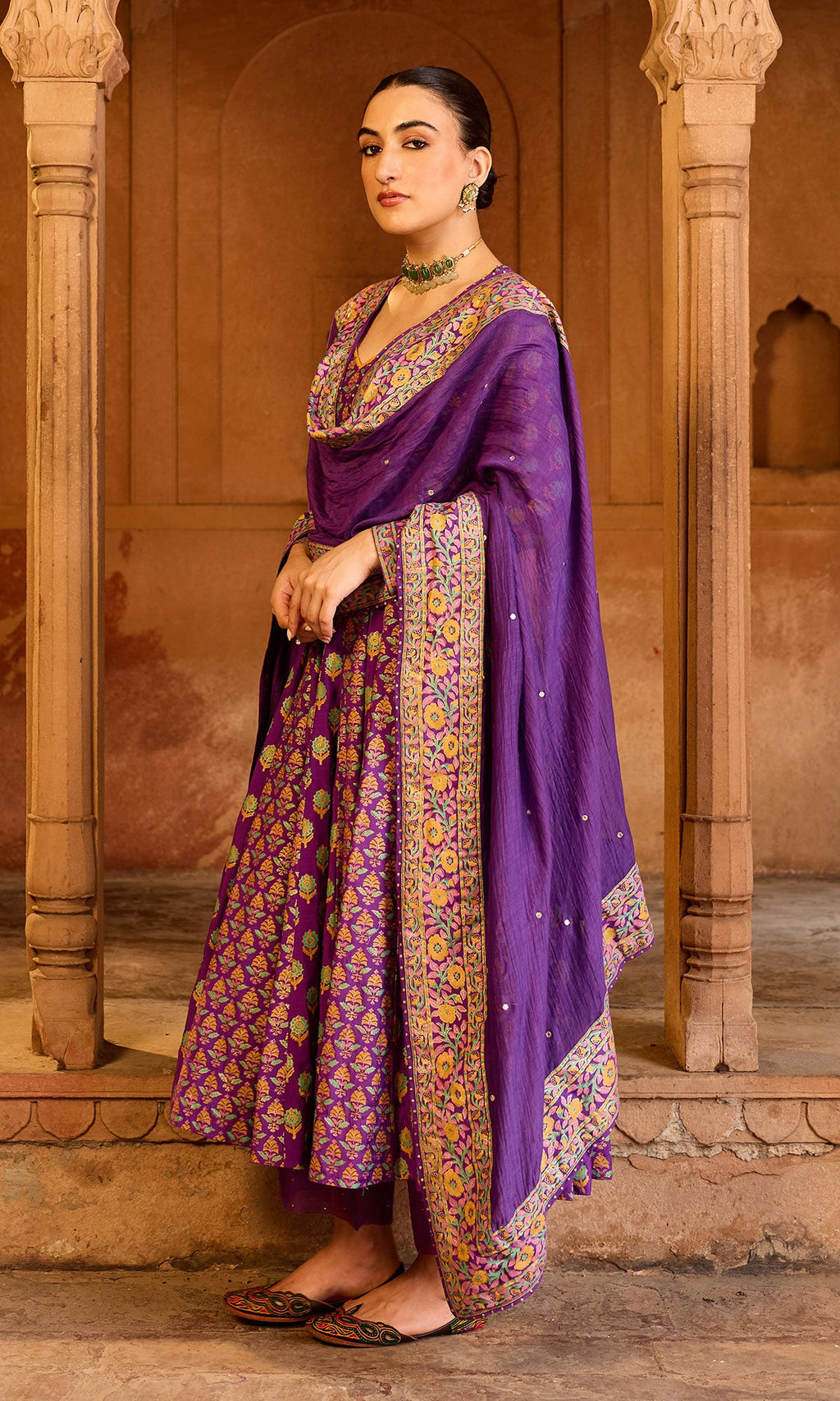 Boond 3.0 purple block printed anarkali with palazzo and dupatta (Set of 3) - Ready to ship