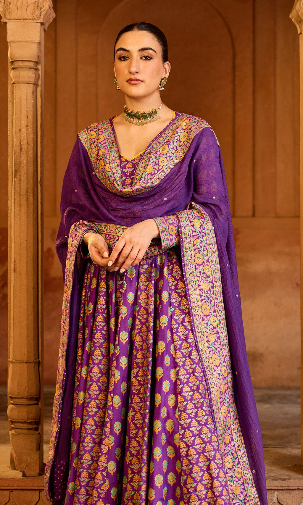 Boond 3.0 purple block printed anarkali with palazzo and dupatta (Set of 3) - Ready to ship