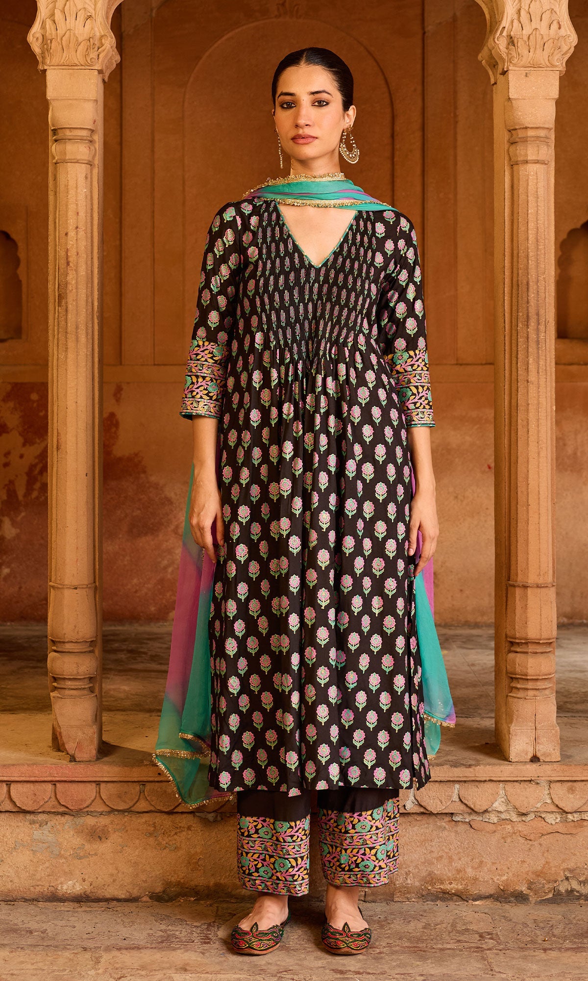 Boond 3.0 black block print pintuck kurta with palazzo and leheriya dupatta (set of 3) - Ready to ship