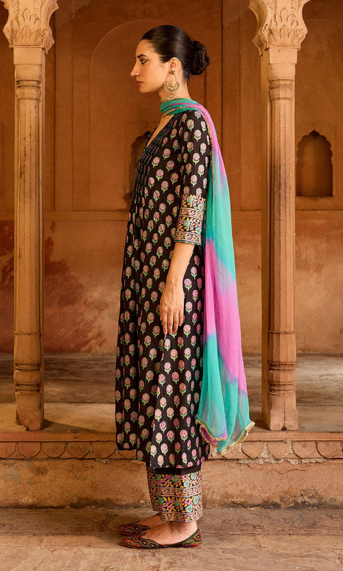 Boond 3.0 black block print pintuck kurta with palazzo and leheriya dupatta (set of 3) - Ready to ship