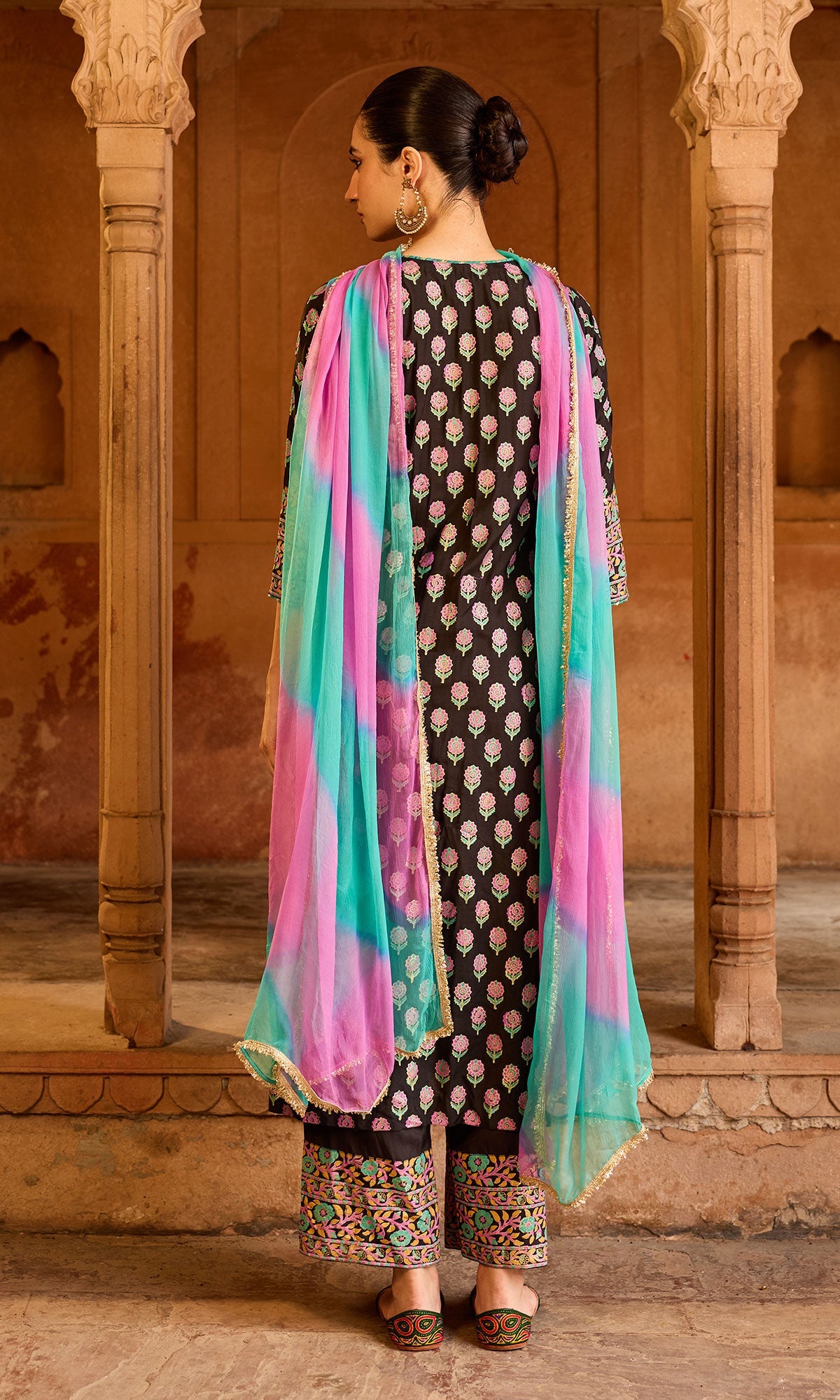 Boond 3.0 black block print pintuck kurta with palazzo and leheriya dupatta (set of 3) - Ready to ship