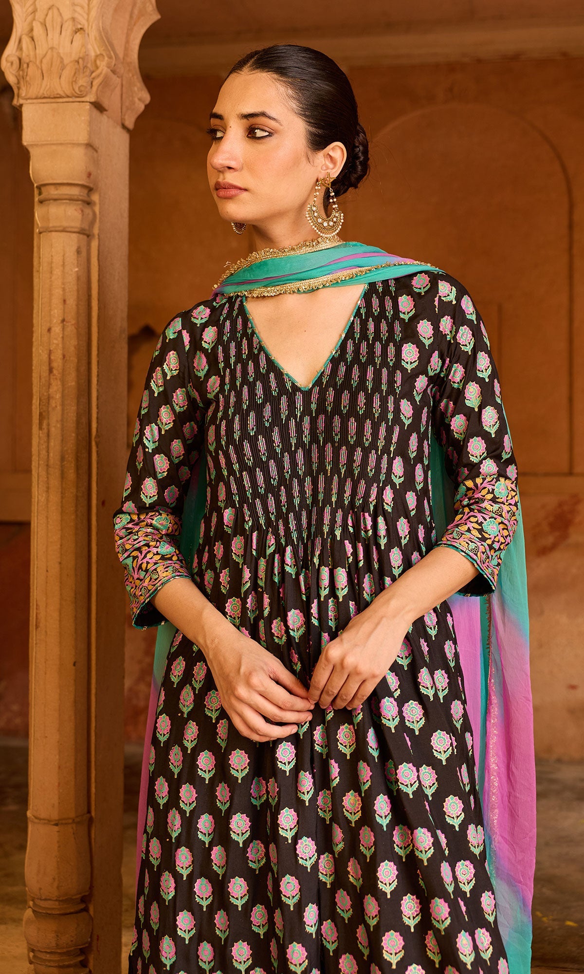 Boond 3.0 black block print pintuck kurta with palazzo and leheriya dupatta (set of 3) - Ready to ship