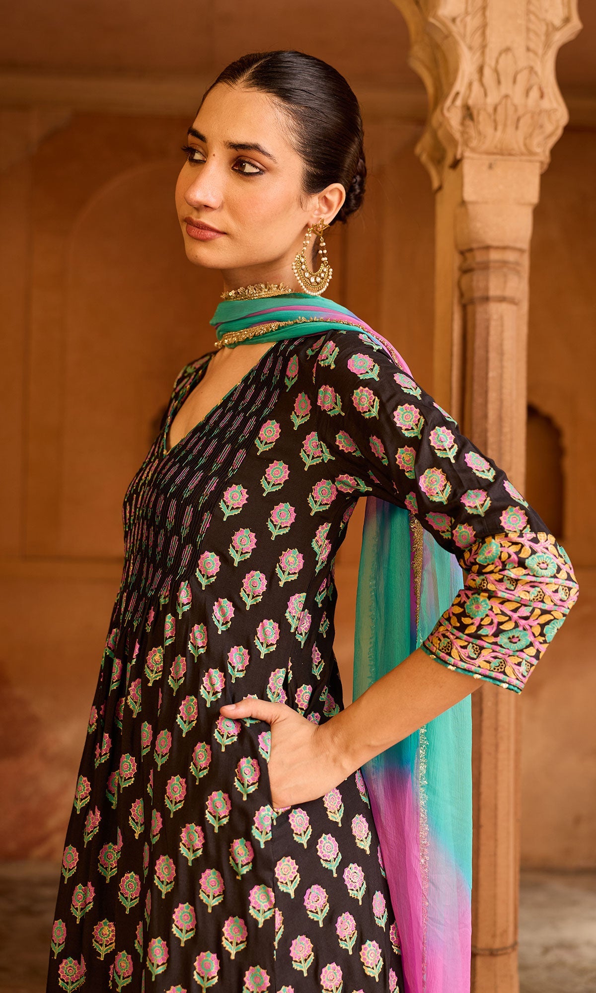 Boond 3.0 black block print pintuck kurta with palazzo and leheriya dupatta (set of 3) - Ready to ship