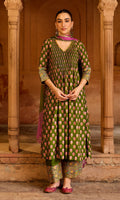 Boond 3.0 olive green Block print pintuck kurta with palazzo and leheriya dupatta (set of 3) RTS