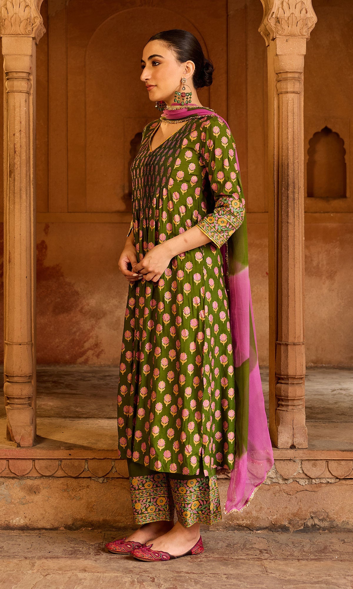 Boond 3.0 olive green Block print pintuck kurta with palazzo and leheriya dupatta (set of 3) RTS