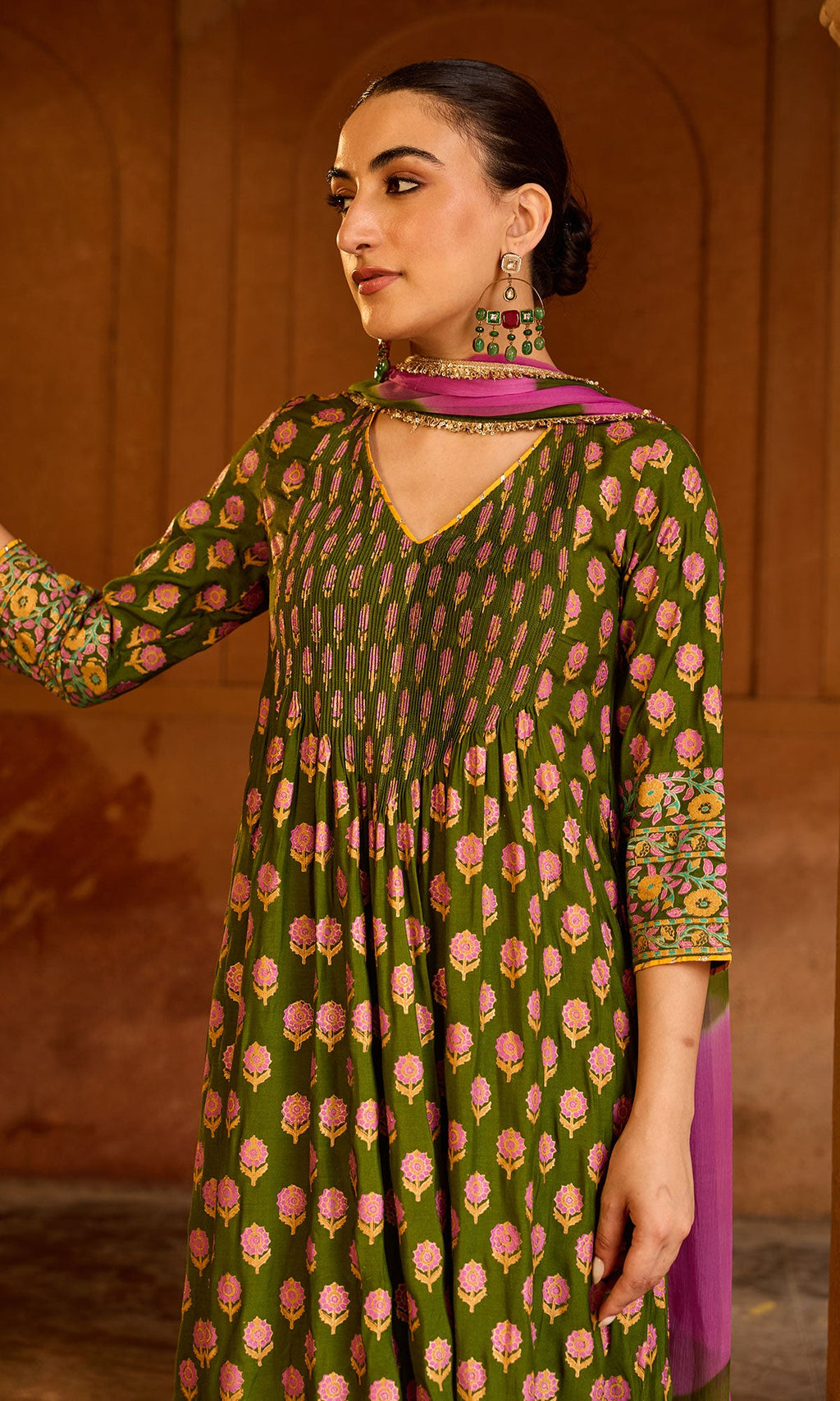 Boond 3.0 olive green Block print pintuck kurta with palazzo and leheriya dupatta (set of 3) RTS