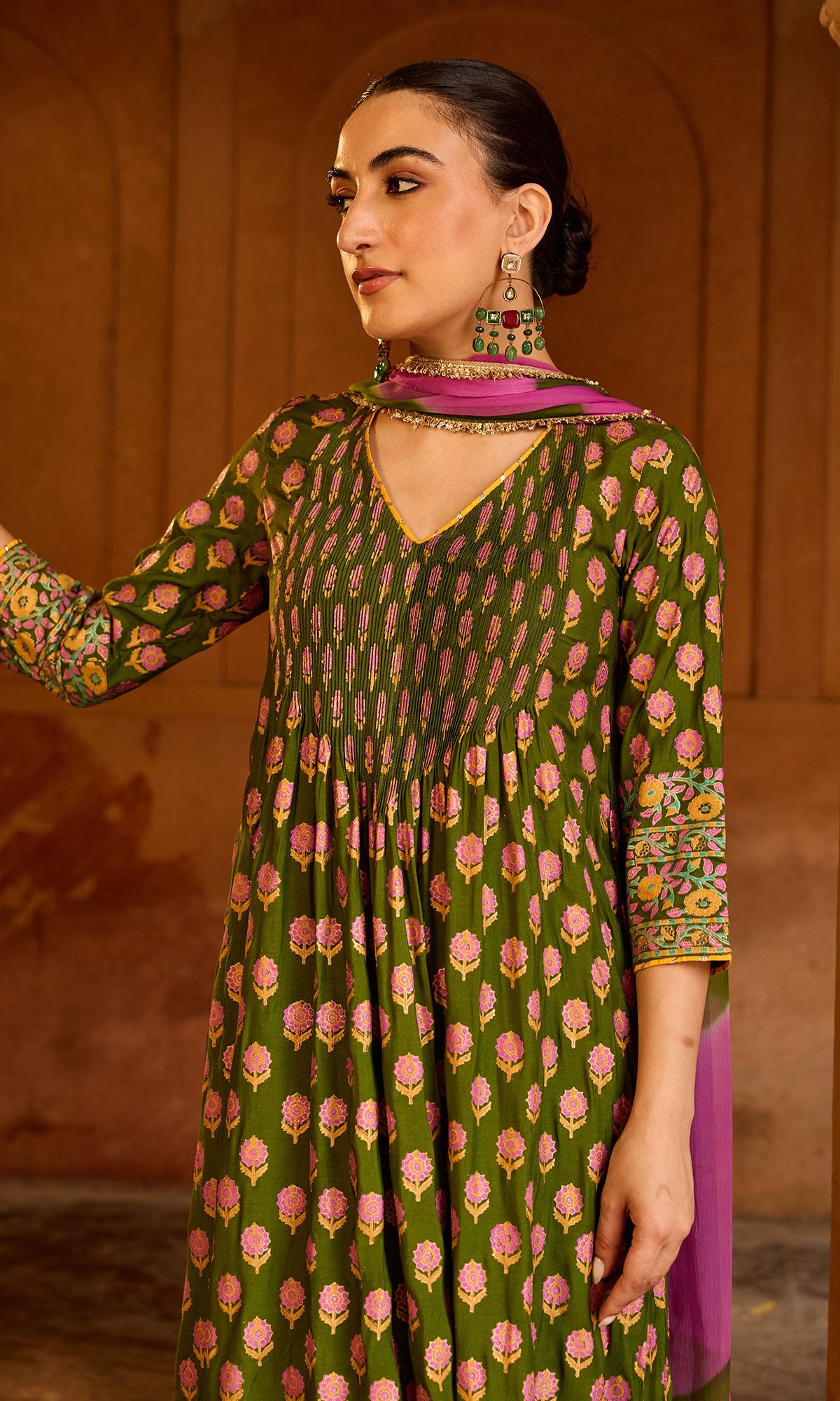 Boond 3.0 olive green Block print pintuck kurta with palazzo and leheriya dupatta (set of 3) RTS