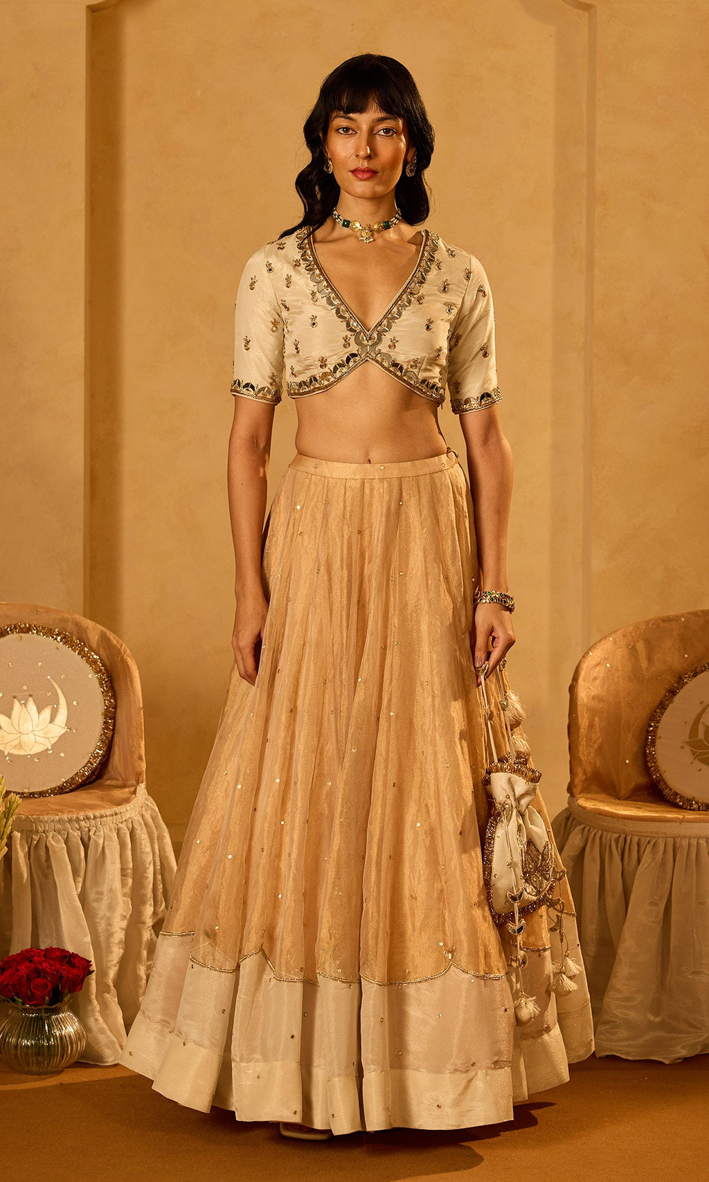 Dilbaro Tissue Ivory and Gold Tissue Lehenga with Blouse and Dupatta (set of 3) - Ready to ship