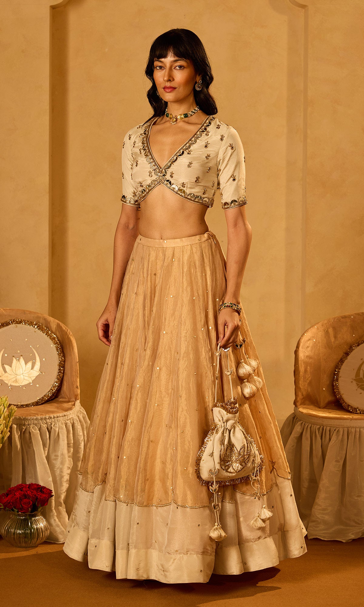 Dilbaro Tissue Ivory and Gold Tissue Lehenga with Blouse and Dupatta (set of 3) - Ready to ship