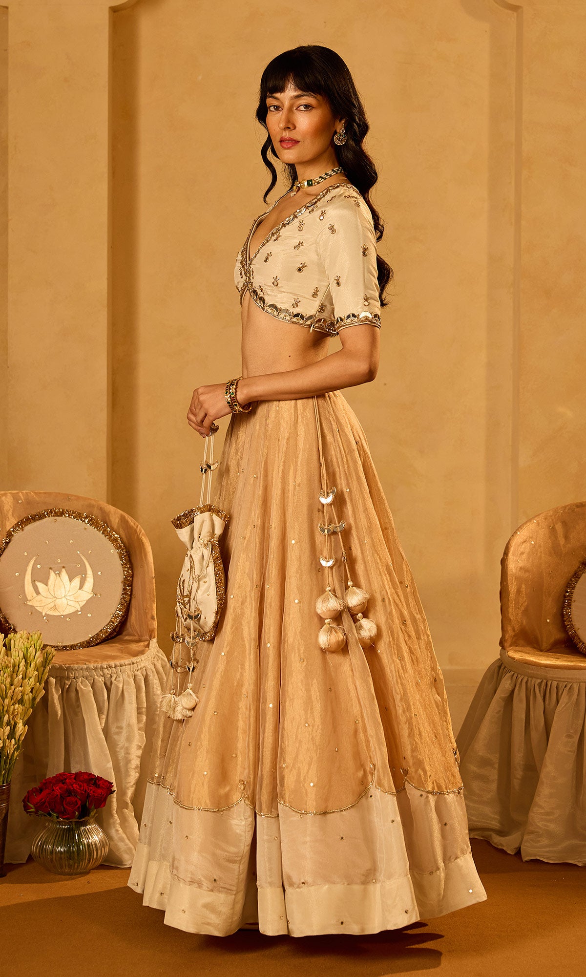 Dilbaro Tissue Ivory and Gold Tissue Lehenga with Blouse and Dupatta (set of 3) - Ready to ship