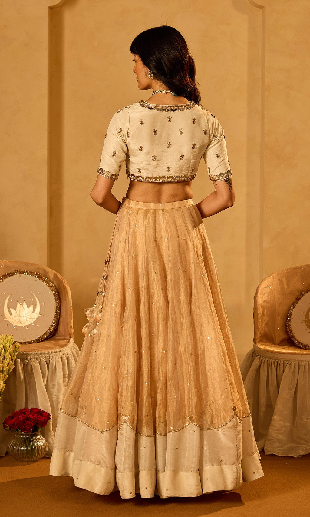 Dilbaro Tissue Ivory and Gold Tissue Lehenga with Blouse and Dupatta (set of 3) - Ready to ship