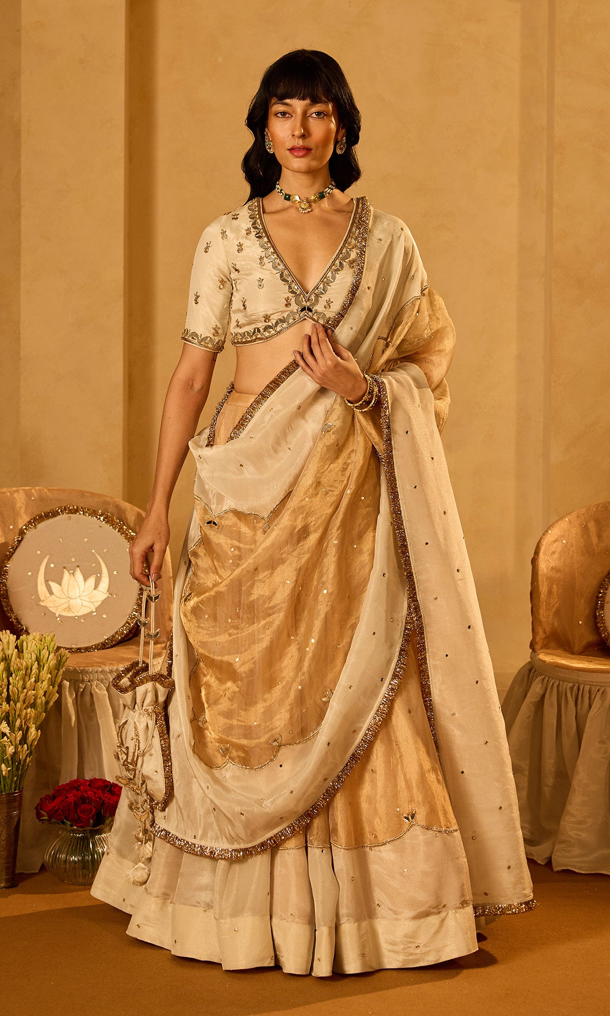 Dilbaro Tissue Ivory and Gold Tissue Lehenga with Blouse and Dupatta (set of 3) - Ready to ship