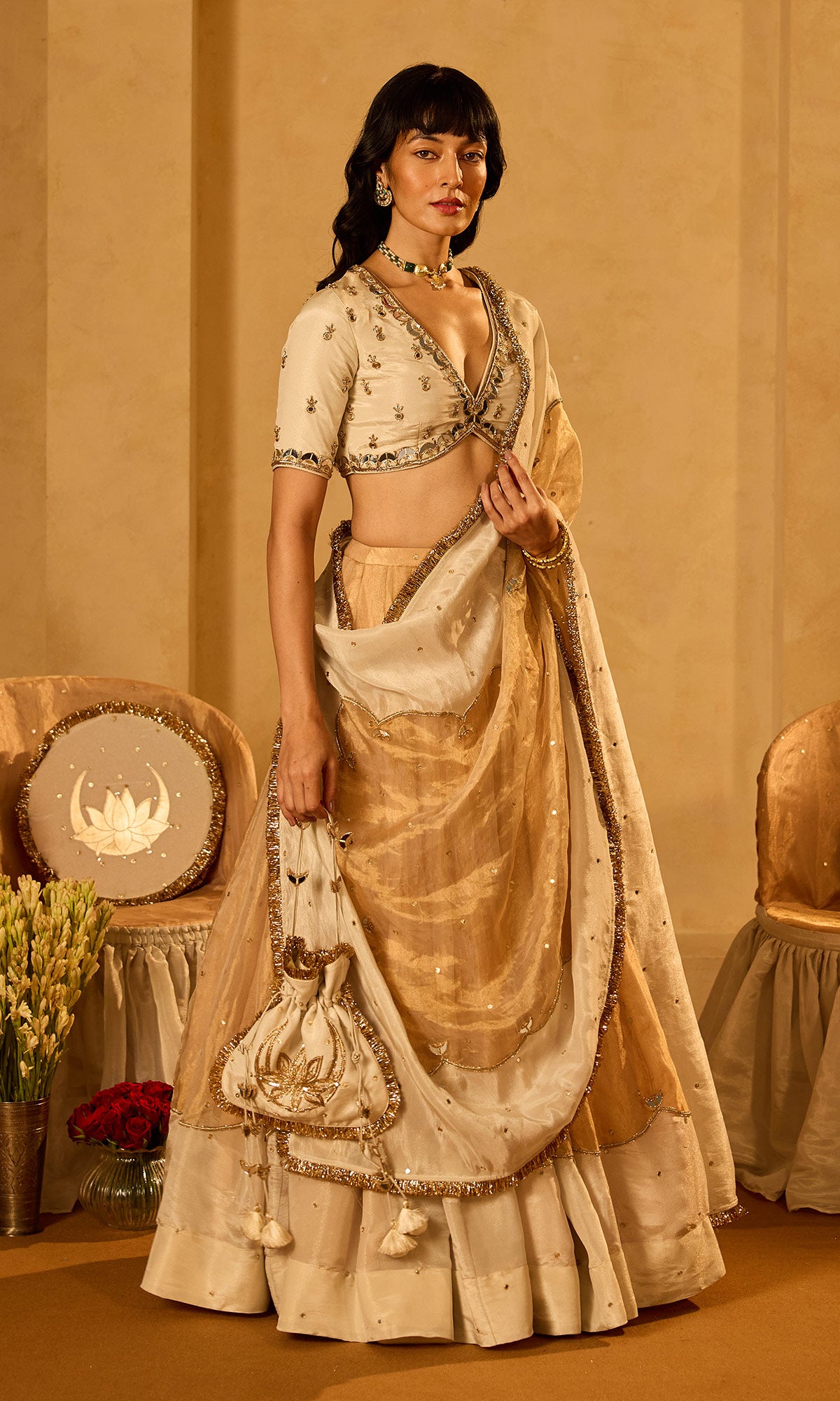 Dilbaro Tissue Ivory and Gold Tissue Lehenga with Blouse and Dupatta (set of 3) - Ready to ship