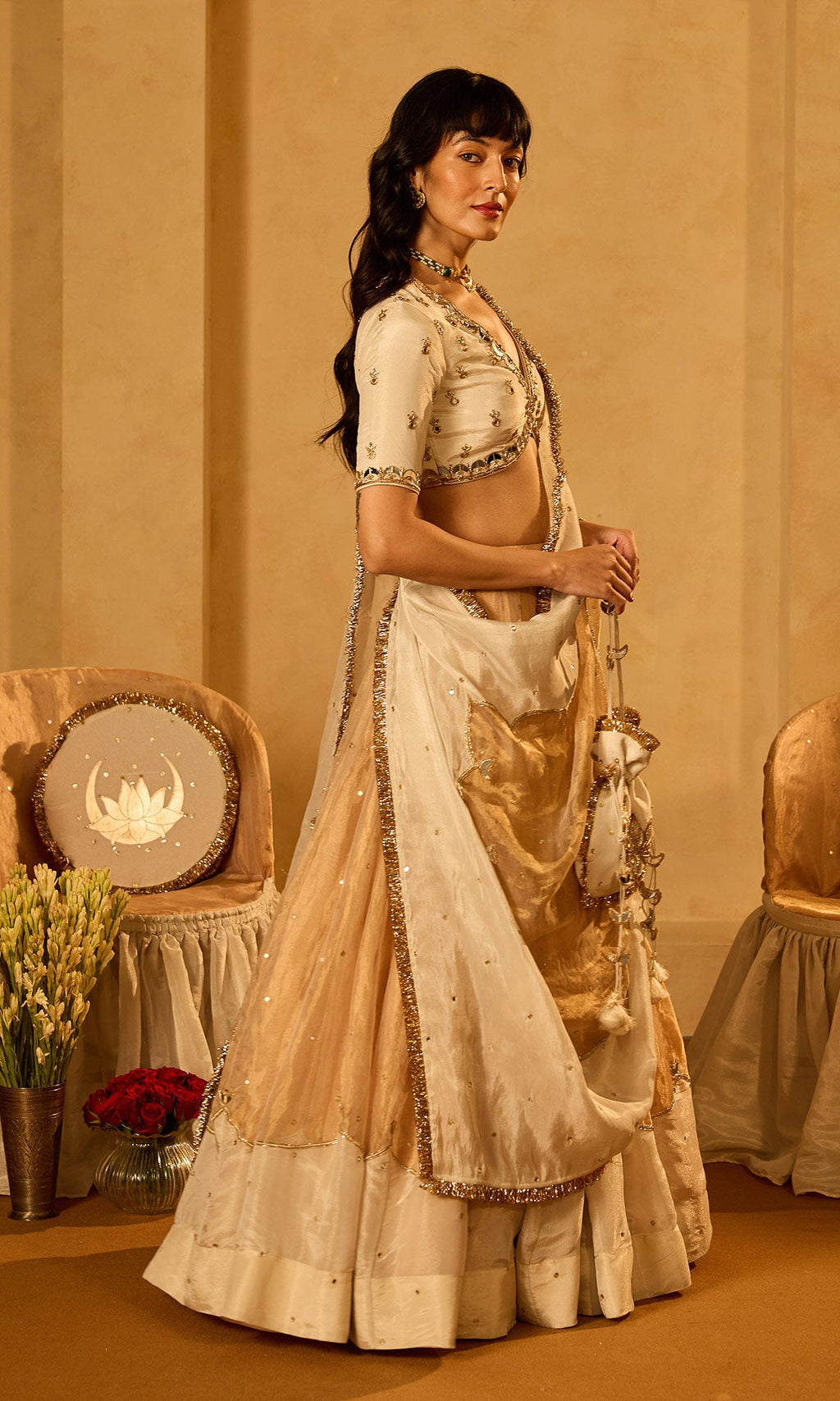 Dilbaro Tissue Ivory and Gold Tissue Lehenga with Blouse and Dupatta (set of 3) - Ready to ship