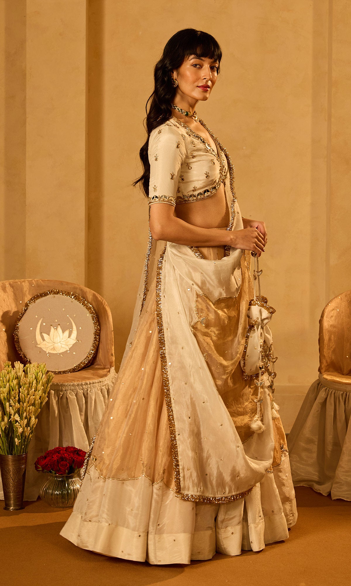 Dilbaro Tissue Ivory and Gold Tissue Lehenga with Blouse and Dupatta (set of 3) - Ready to ship