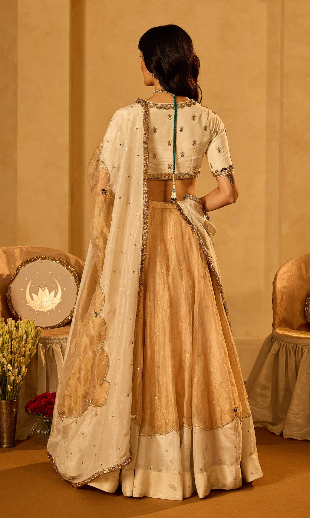 Dilbaro Tissue Ivory and Gold Tissue Lehenga with Blouse and Dupatta (set of 3) - Ready to ship