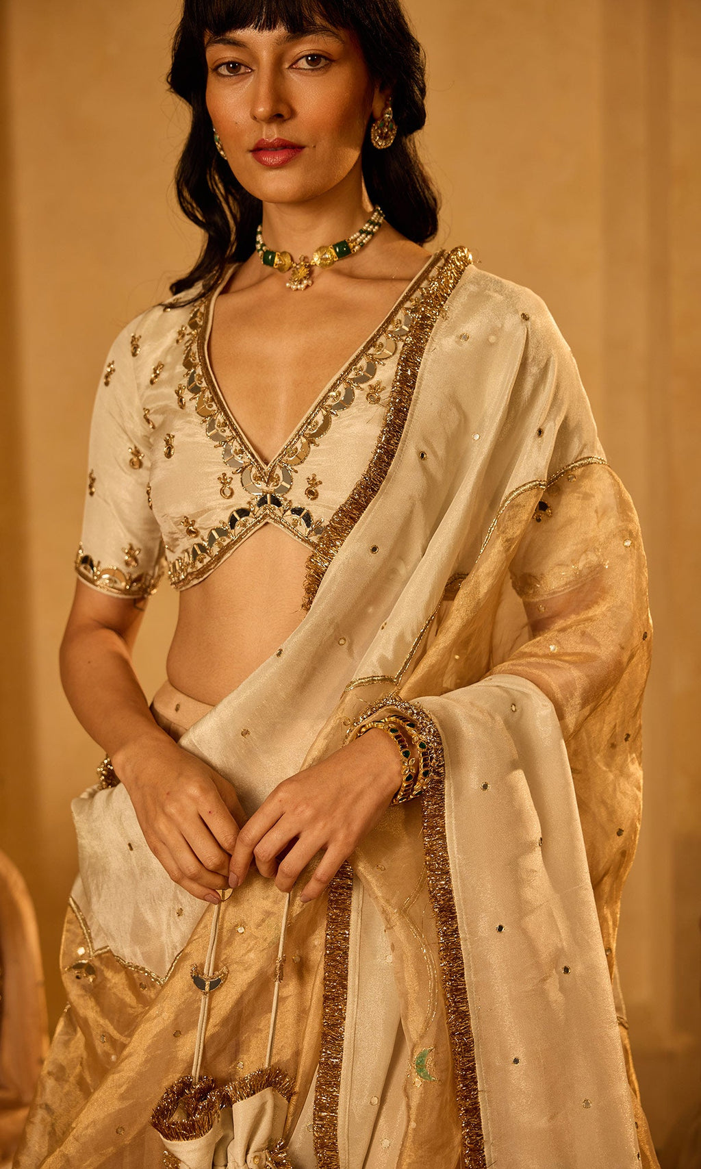 Dilbaro Tissue Ivory and Gold Tissue Lehenga with Blouse and Dupatta (set of 3) - Ready to ship