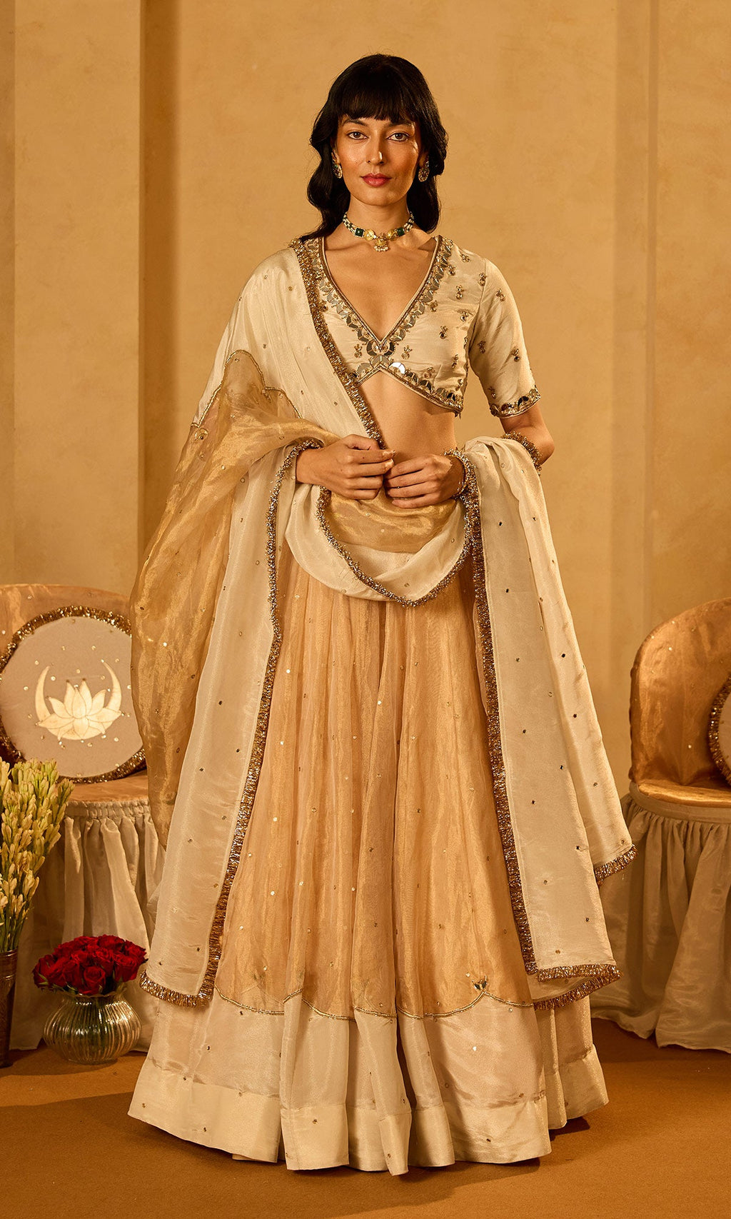 Dilbaro Tissue Ivory and Gold Tissue Lehenga with Blouse and Dupatta (set of 3) - Ready to ship