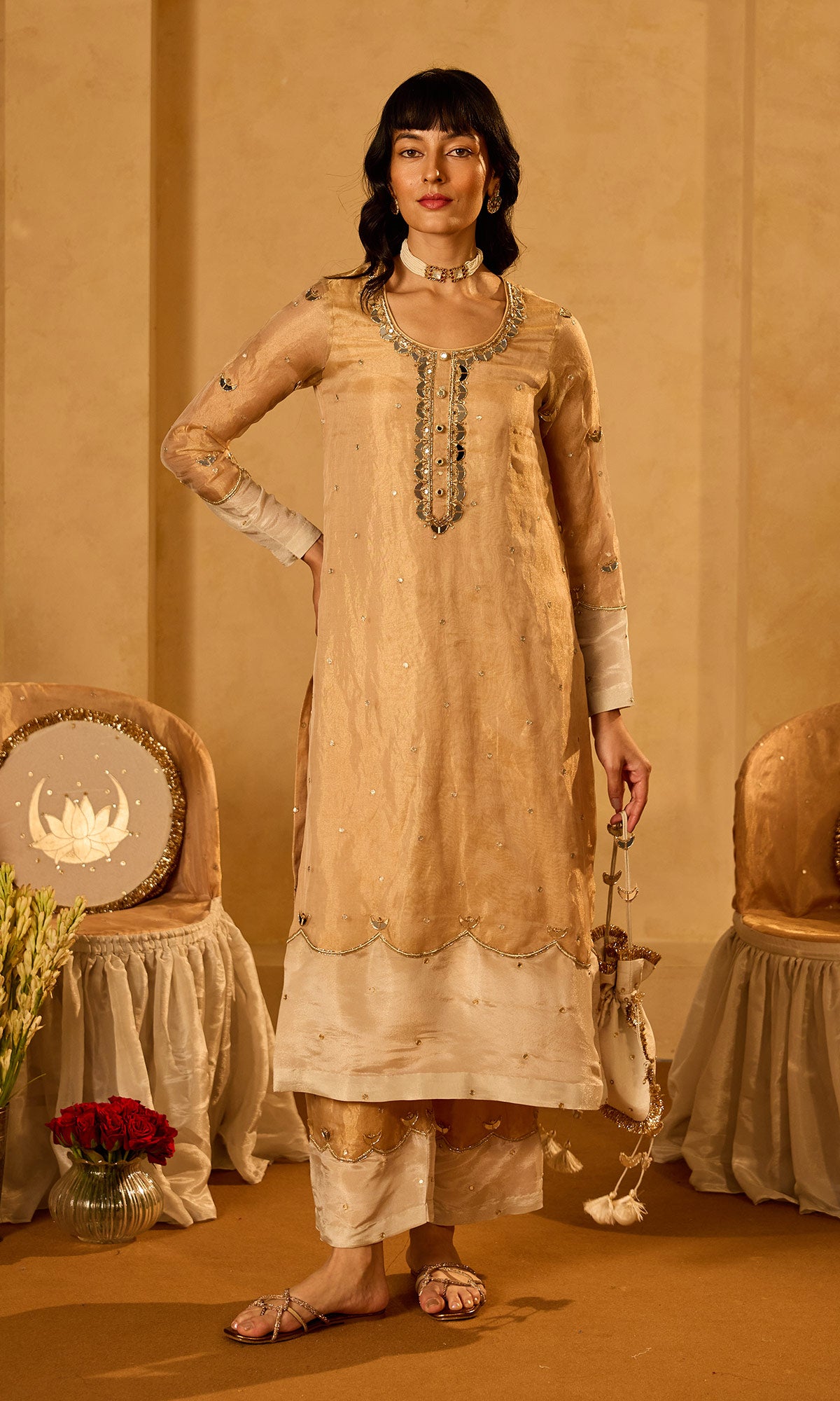 Dilbaro Tissue Gold Tissue Straight Kurta with Palazzo Ivory Dupatta (set of 3) - Ready to ship