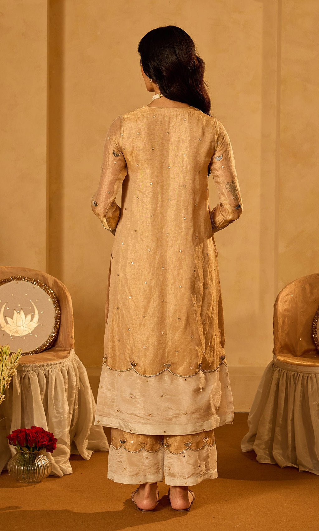 Dilbaro Tissue Gold Tissue Straight Kurta with Palazzo Ivory Dupatta (set of 3) - Ready to ship