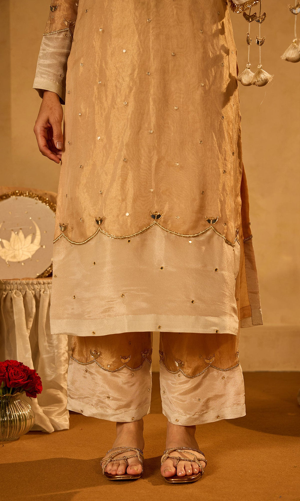 Dilbaro Tissue Gold Tissue Straight Kurta with Palazzo Ivory Dupatta (set of 3) - Ready to ship