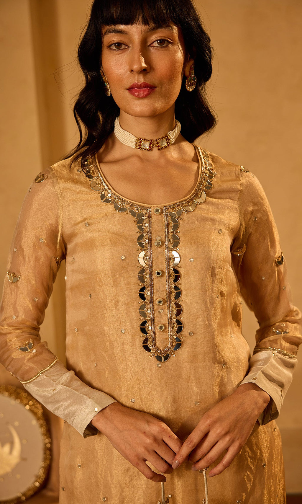 Dilbaro Tissue Gold Tissue Straight Kurta with Palazzo Ivory Dupatta (set of 3) - Ready to ship