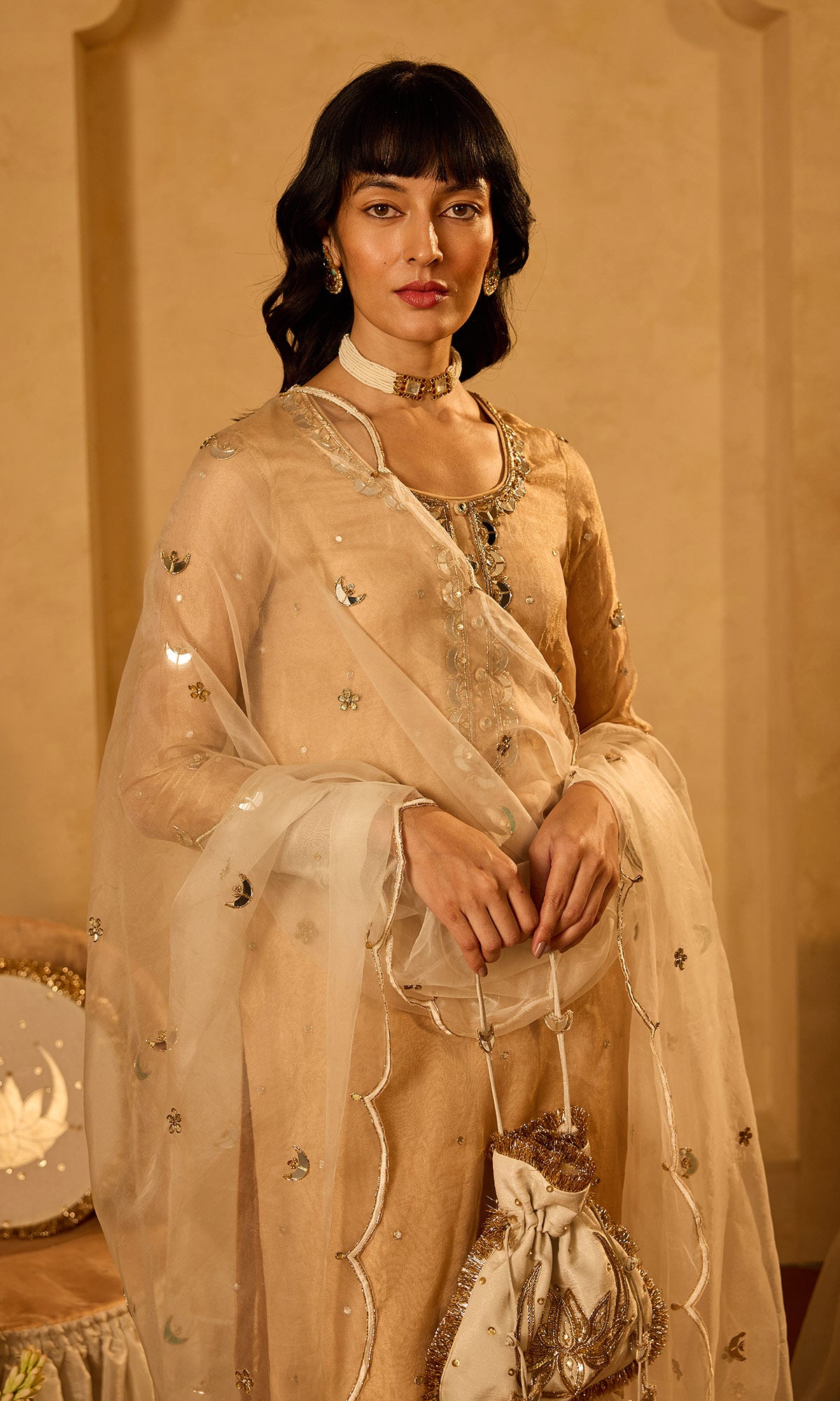 Dilbaro Tissue Gold Tissue Straight Kurta with Palazzo Ivory Dupatta (set of 3) - Ready to ship