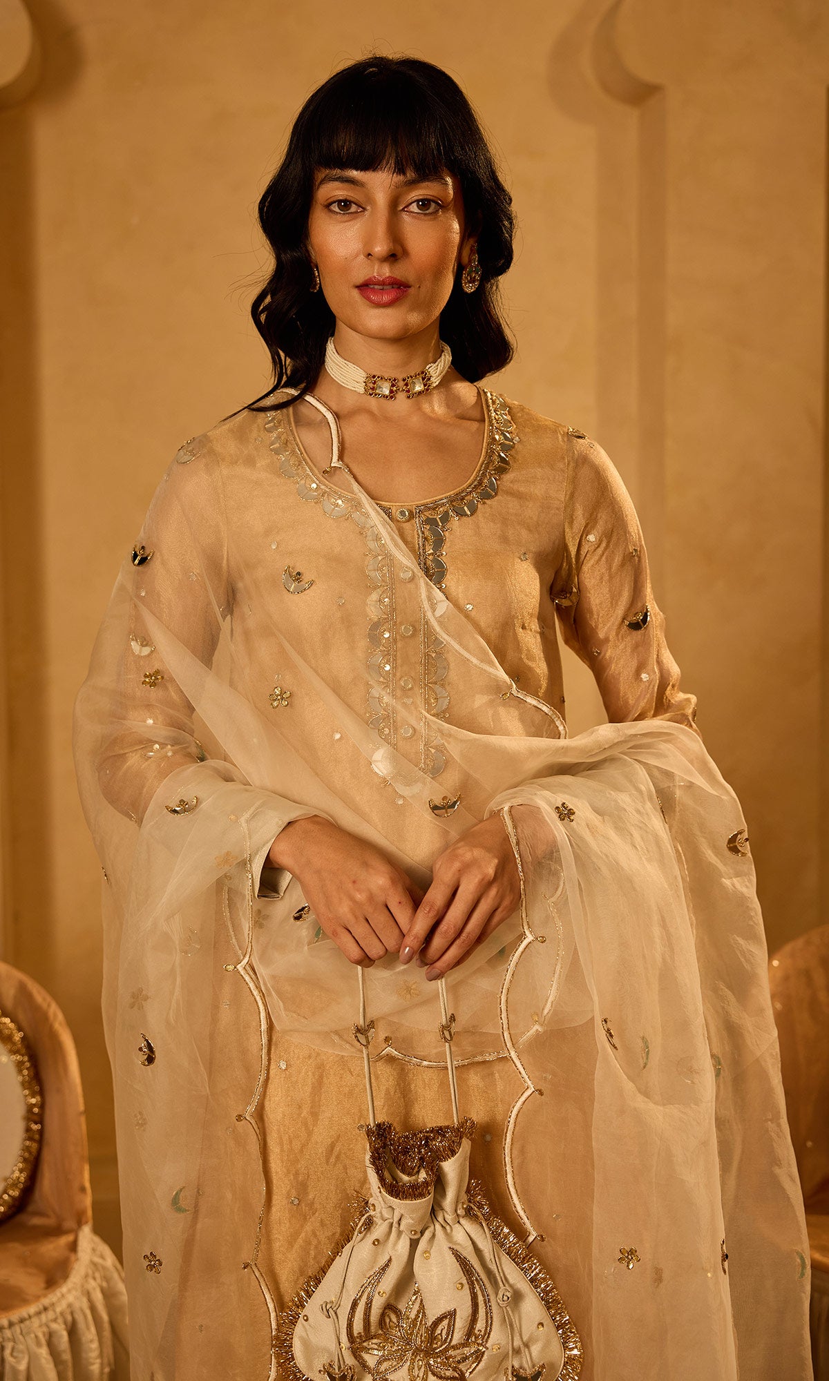 Dilbaro Tissue Gold Tissue Straight Kurta with Palazzo Ivory Dupatta (set of 3) - Ready to ship