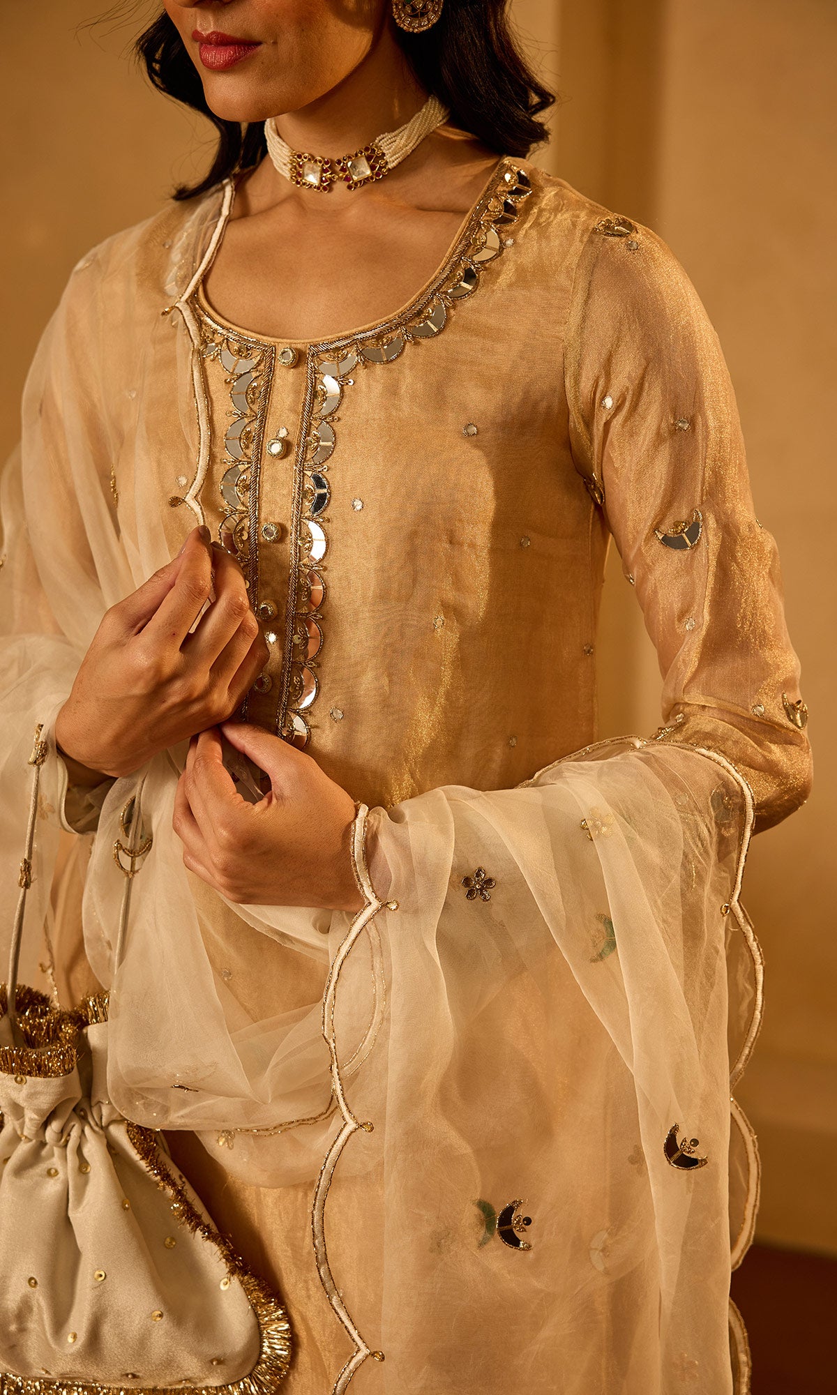 Dilbaro Tissue Gold Tissue Straight Kurta with Palazzo Ivory Dupatta (set of 3) - Ready to ship