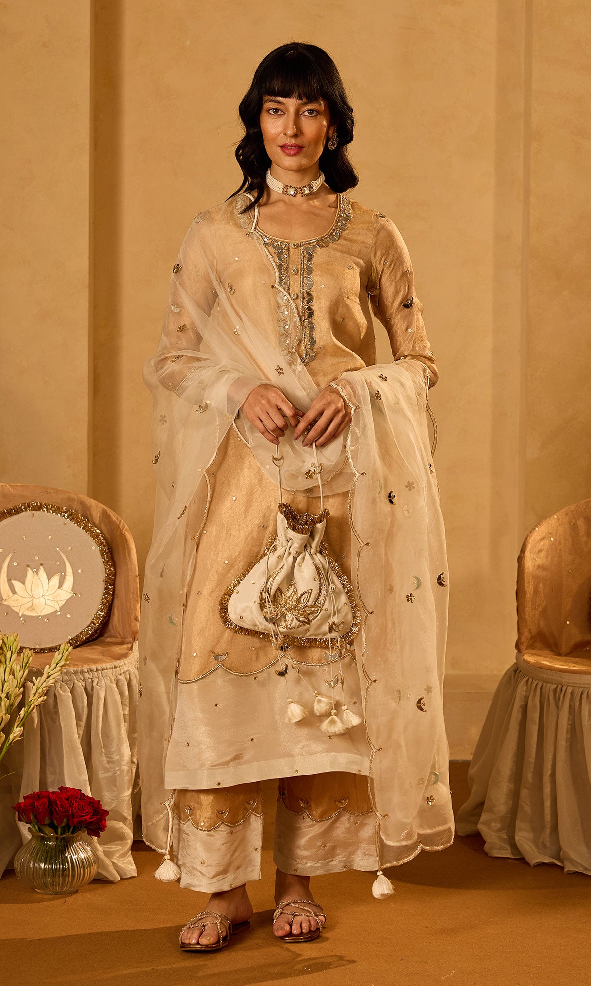 Dilbaro Tissue Gold Tissue Straight Kurta with Palazzo Ivory Dupatta (set of 3) - Ready to ship