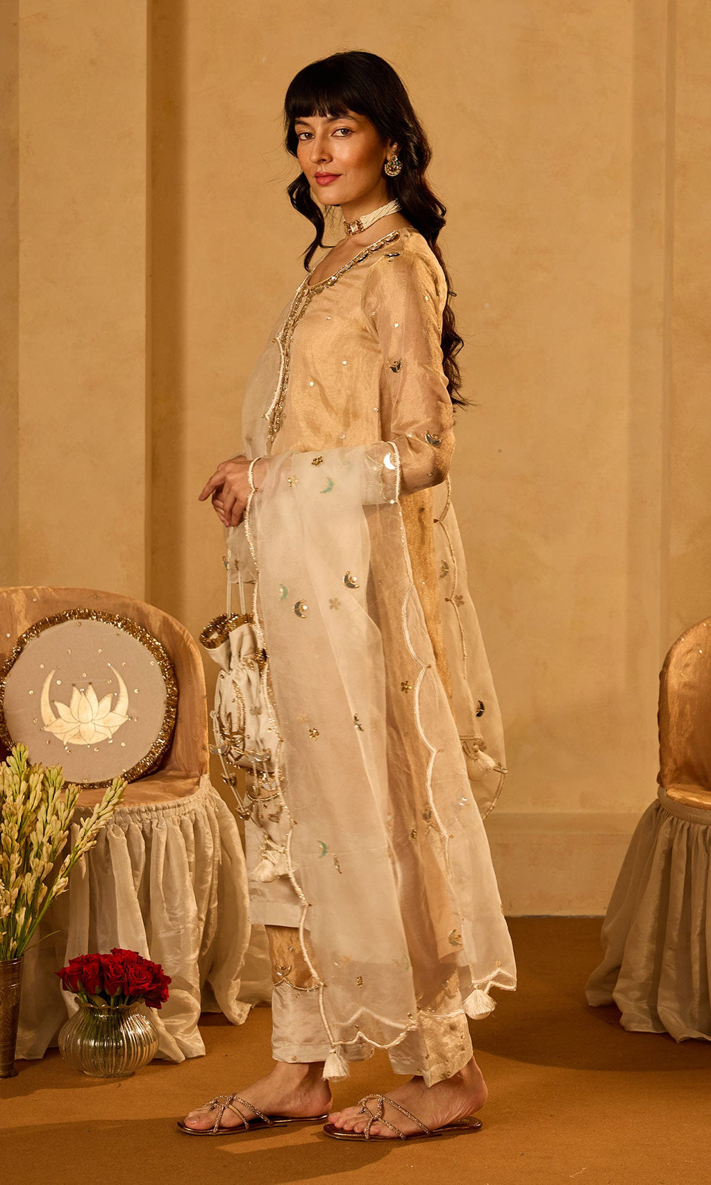Dilbaro Tissue Gold Tissue Straight Kurta with Palazzo Ivory Dupatta (set of 3) - Ready to ship