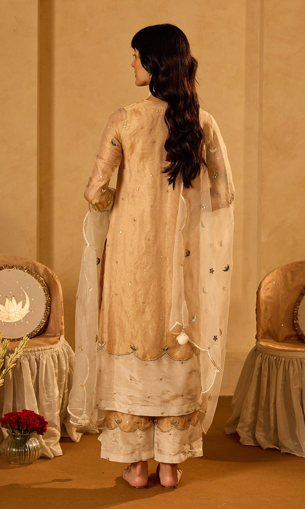Dilbaro Tissue Gold Tissue Straight Kurta with Palazzo Ivory Dupatta (set of 3) - Ready to ship