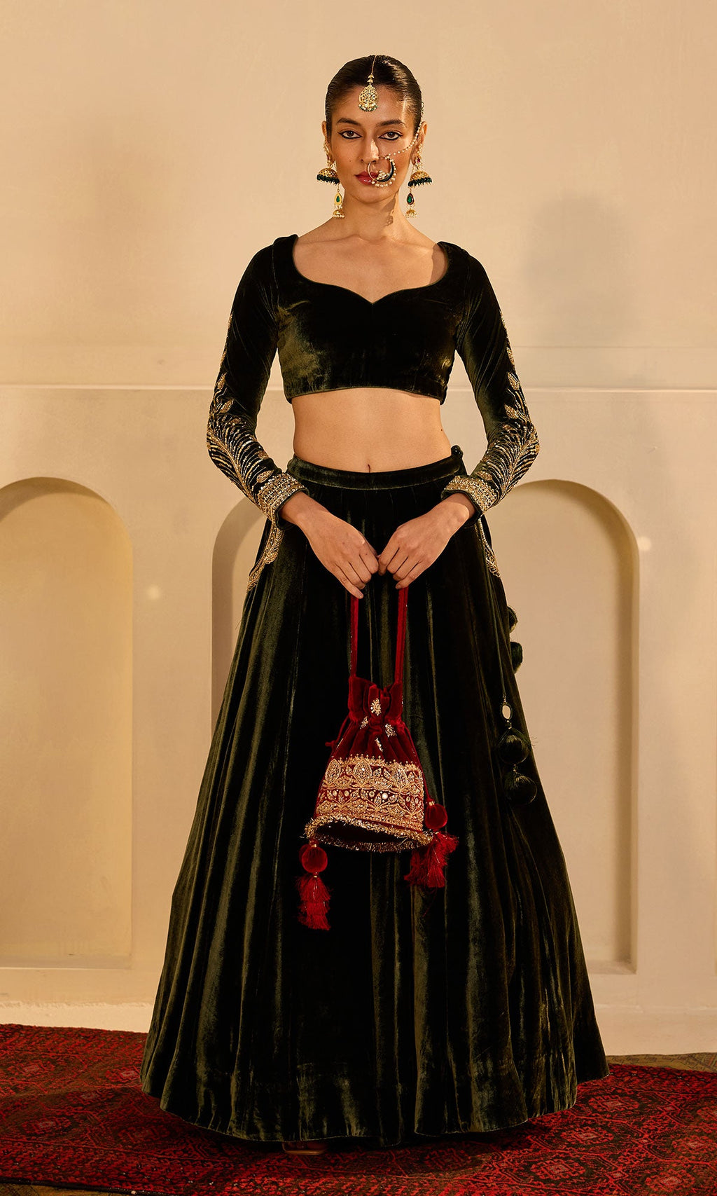 Dilbaro mughals olive green silk velvet embroidered lehenga with blouse and shawl (set of 3) - Ready to ship