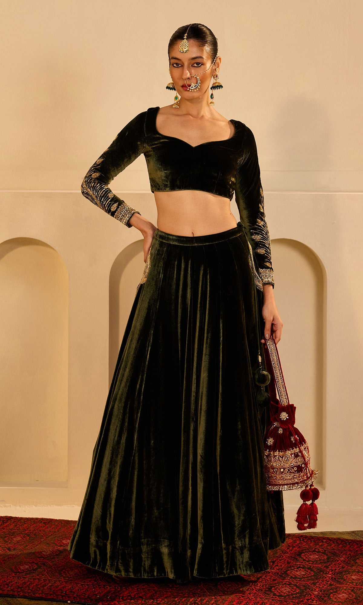 Dilbaro mughals olive green silk velvet embroidered lehenga with blouse and shawl (set of 3) - Ready to ship