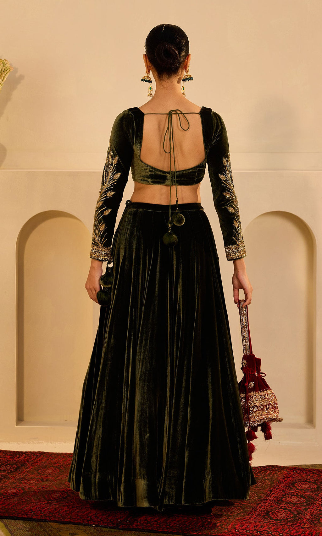 Dilbaro mughals olive green silk velvet embroidered lehenga with blouse and shawl (set of 3) - Ready to ship