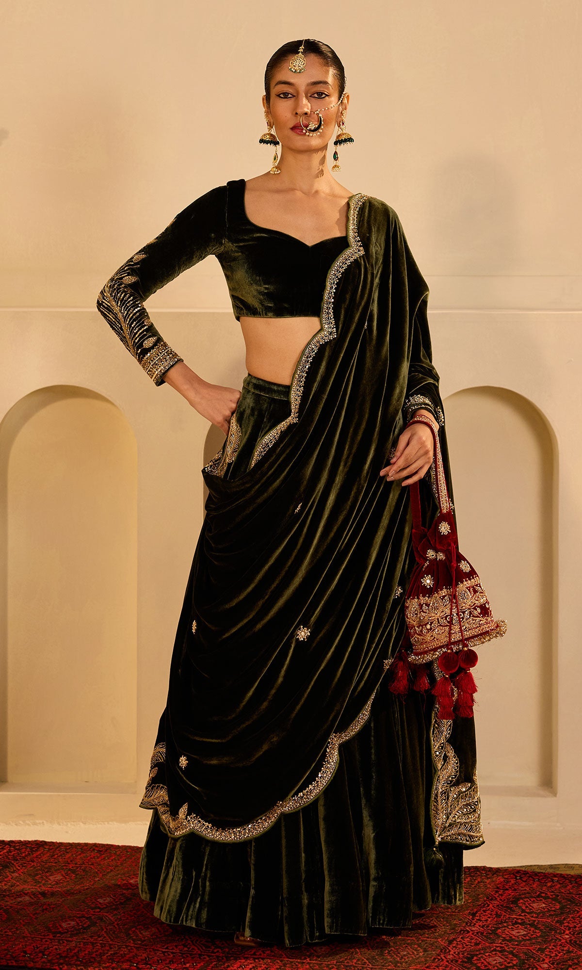 Dilbaro mughals olive green silk velvet embroidered lehenga with blouse and shawl (set of 3) - Ready to ship