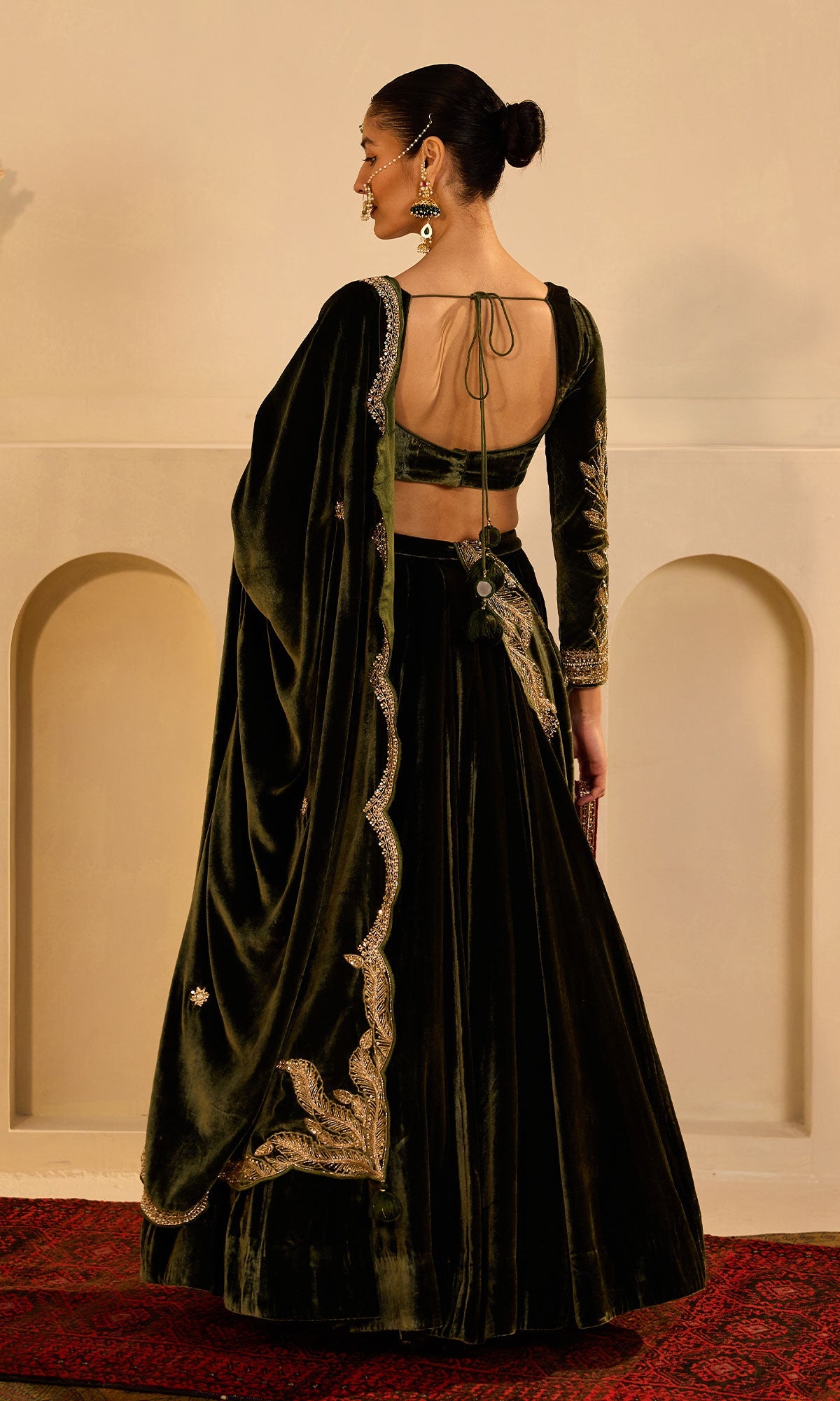 Dilbaro mughals olive green silk velvet embroidered lehenga with blouse and shawl (set of 3) - Ready to ship