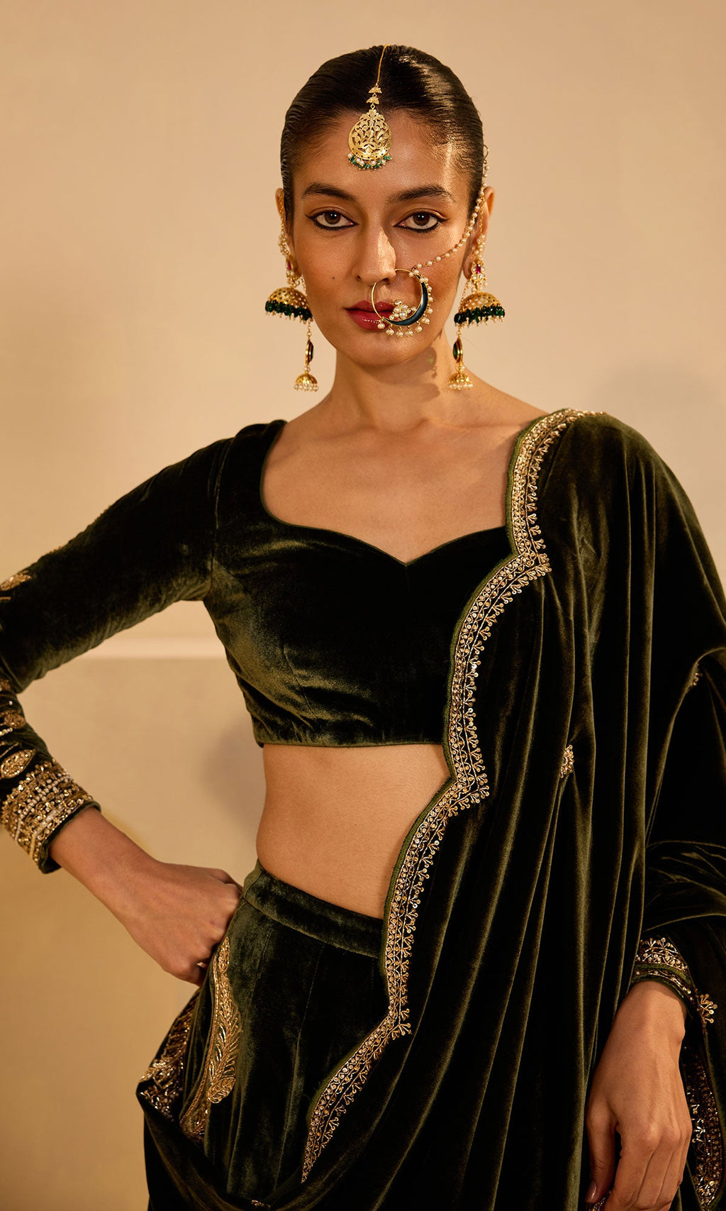 Dilbaro mughals olive green silk velvet embroidered lehenga with blouse and shawl (set of 3) - Ready to ship