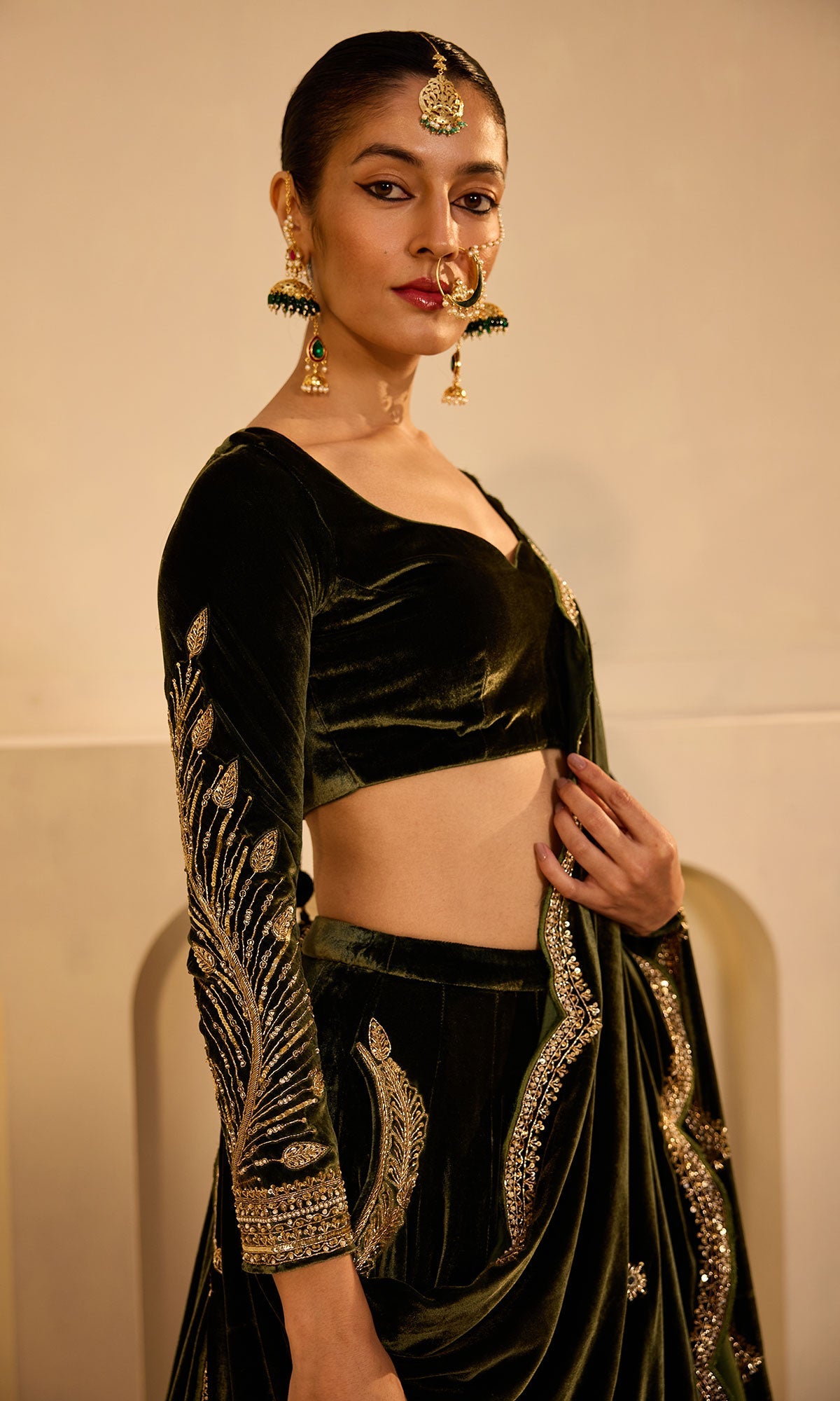 Dilbaro mughals olive green silk velvet embroidered lehenga with blouse and shawl (set of 3) - Ready to ship