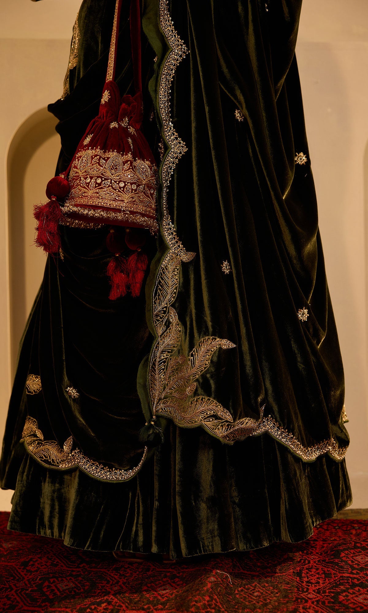 Dilbaro mughals olive green silk velvet embroidered lehenga with blouse and shawl (set of 3) - Ready to ship