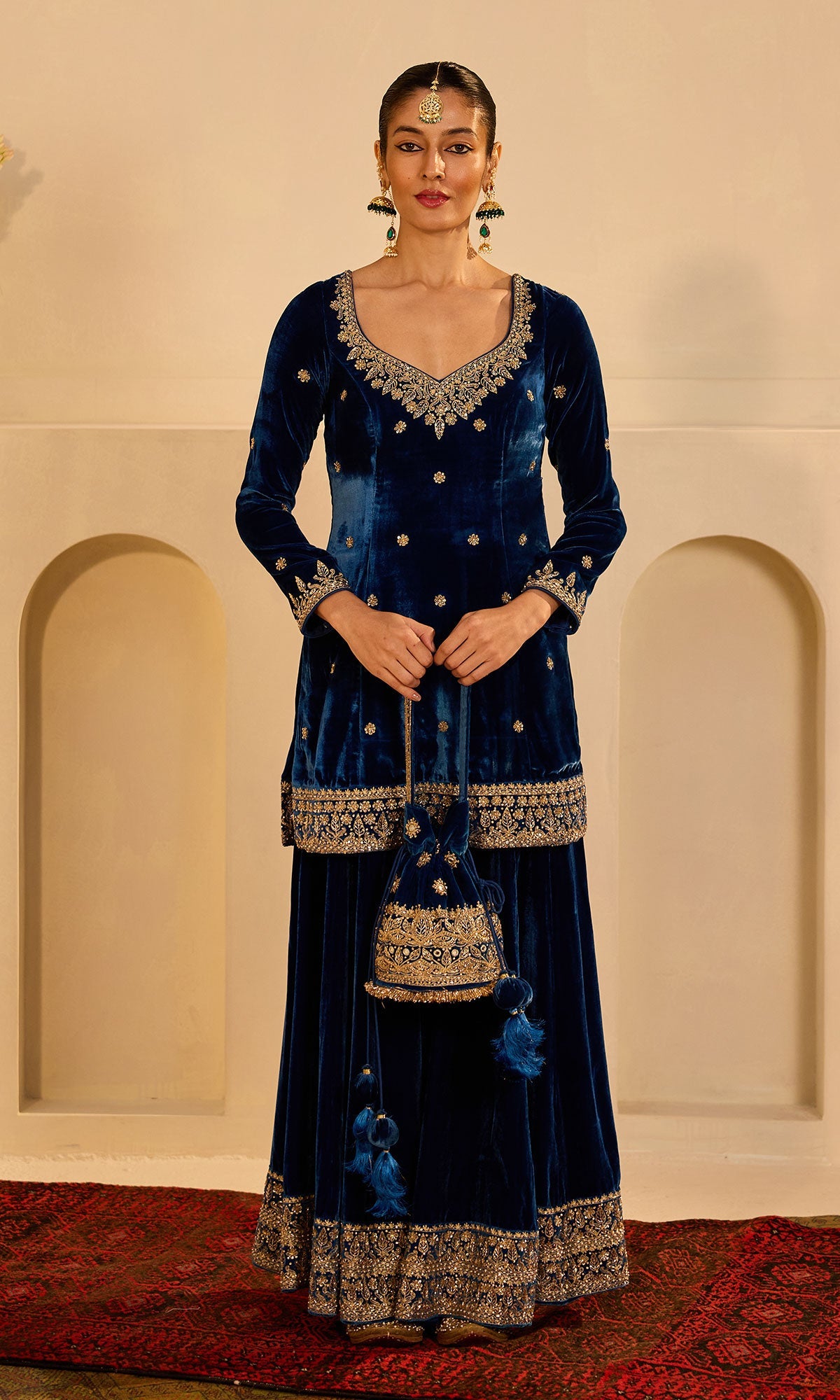 Dilbaro mughals sapphire blue embroidered sharara set with shawl (set of 3) - Ready to ship