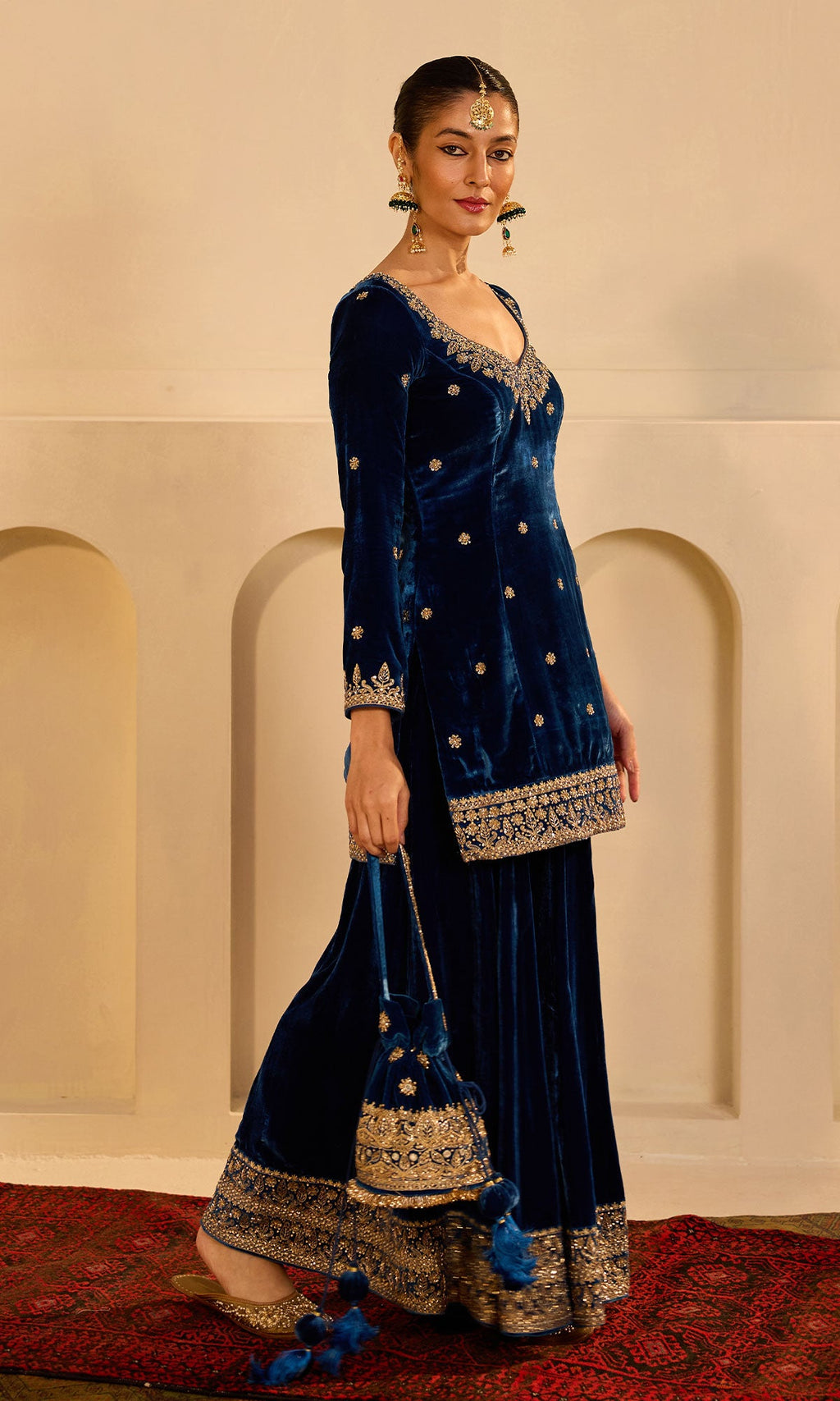 Dilbaro mughals sapphire blue embroidered sharara set with shawl (set of 3) - Ready to ship