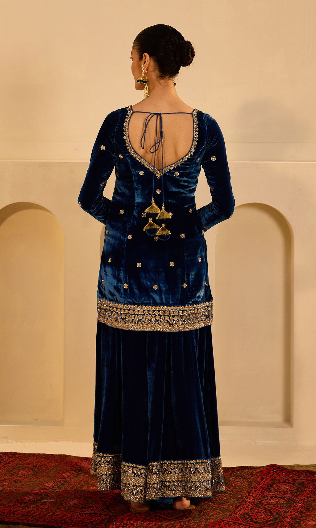 Dilbaro mughals sapphire blue embroidered sharara set with shawl (set of 3) - Ready to ship