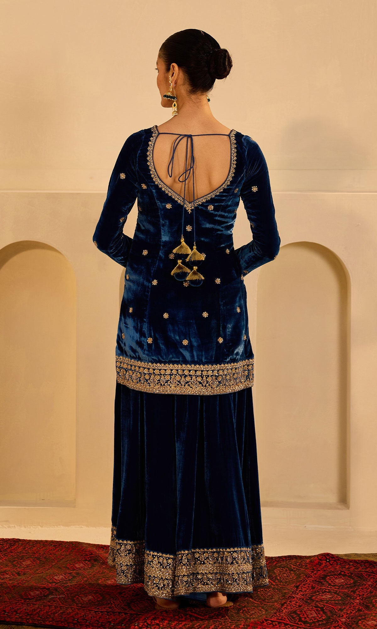 Dilbaro mughals sapphire blue embroidered sharara set with shawl (set of 3) - Ready to ship