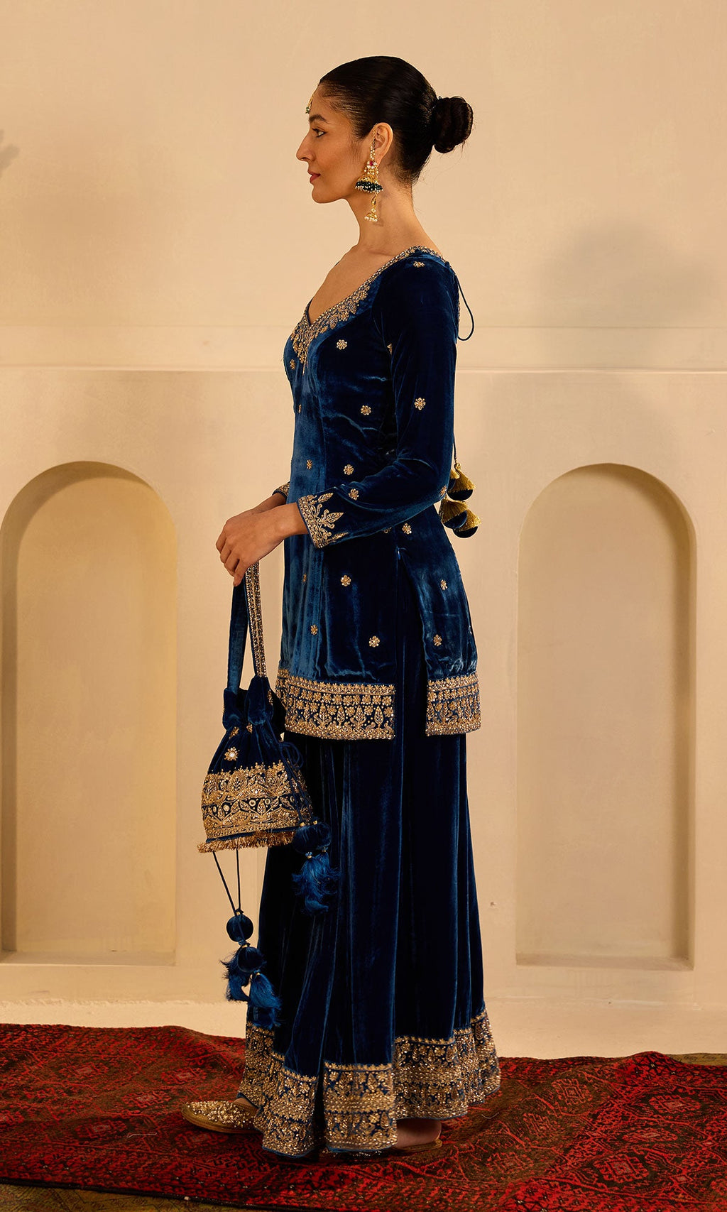 Dilbaro mughals sapphire blue embroidered sharara set with shawl (set of 3) - Ready to ship