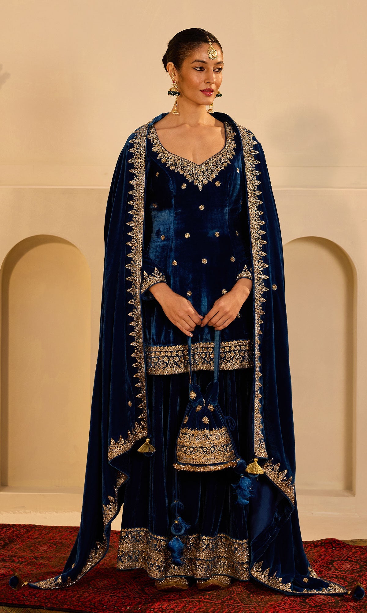 Dilbaro mughals sapphire blue embroidered sharara set with shawl (set of 3) - Ready to ship
